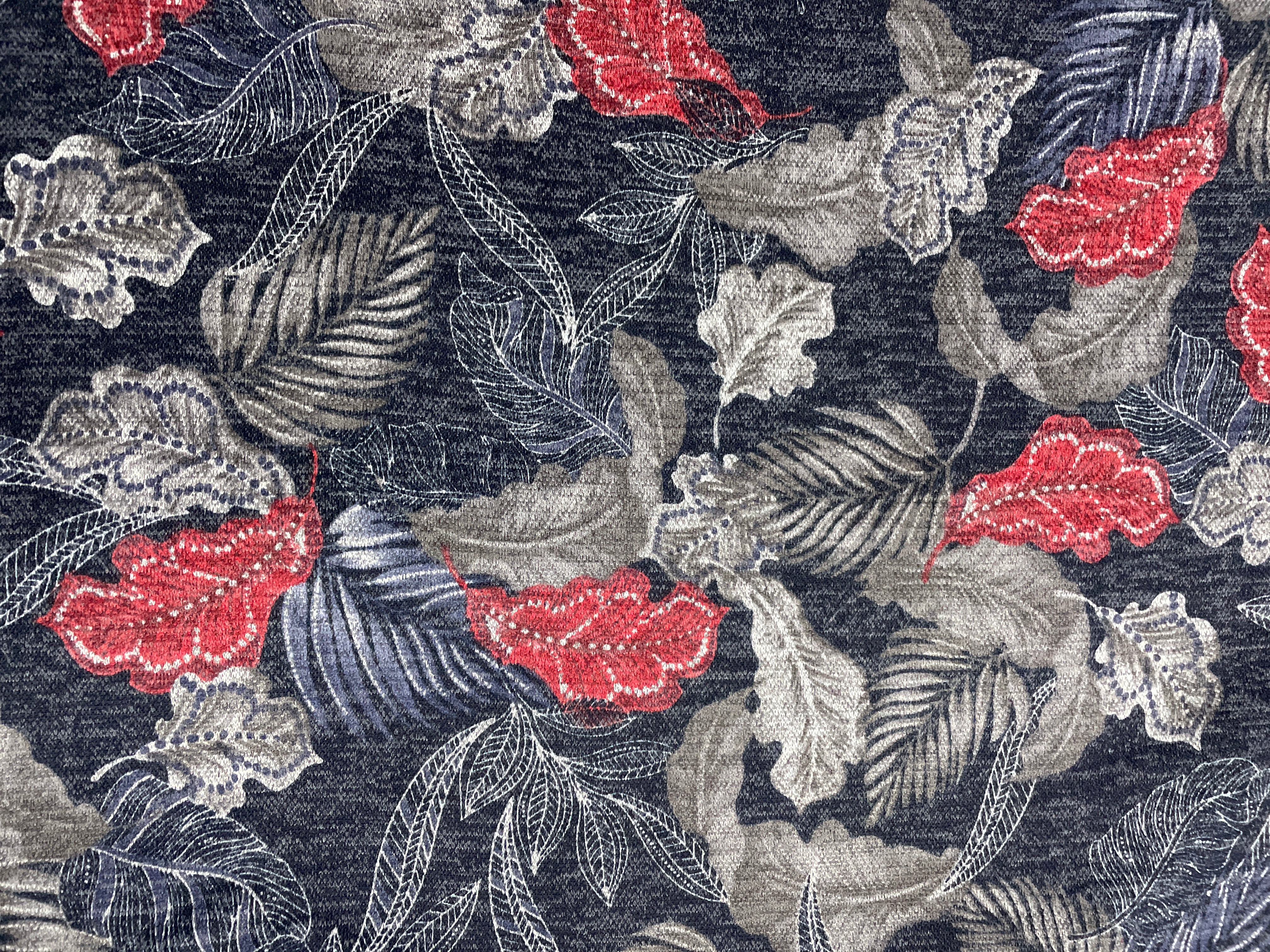 Navy Blue Red Floral Karachi Lycra Fabric - Kapda Shop