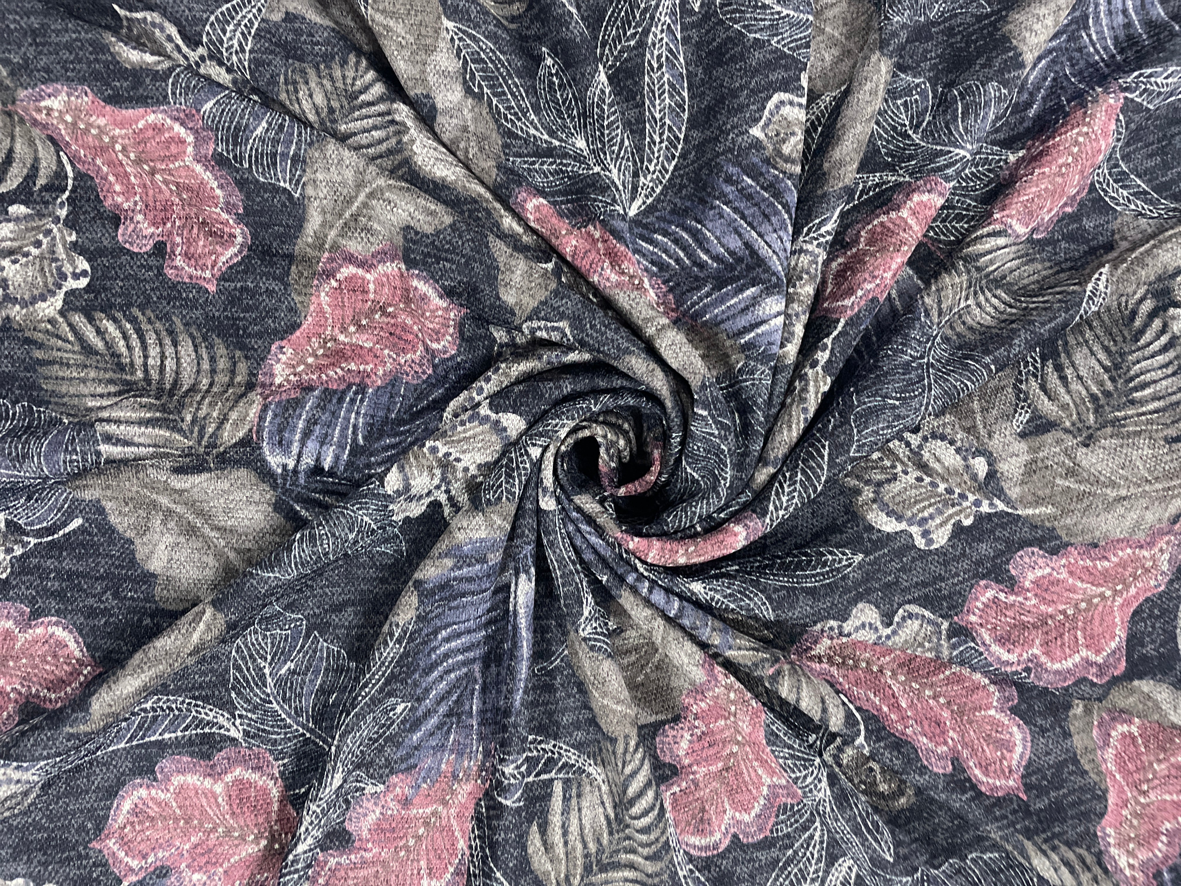 Navy Blue Onion Floral Karachi Lycra Fabric - Kapda Shop