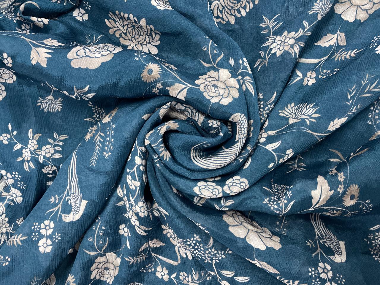 Teal Blue Floral Chiffon Fabric - Kapda Shop