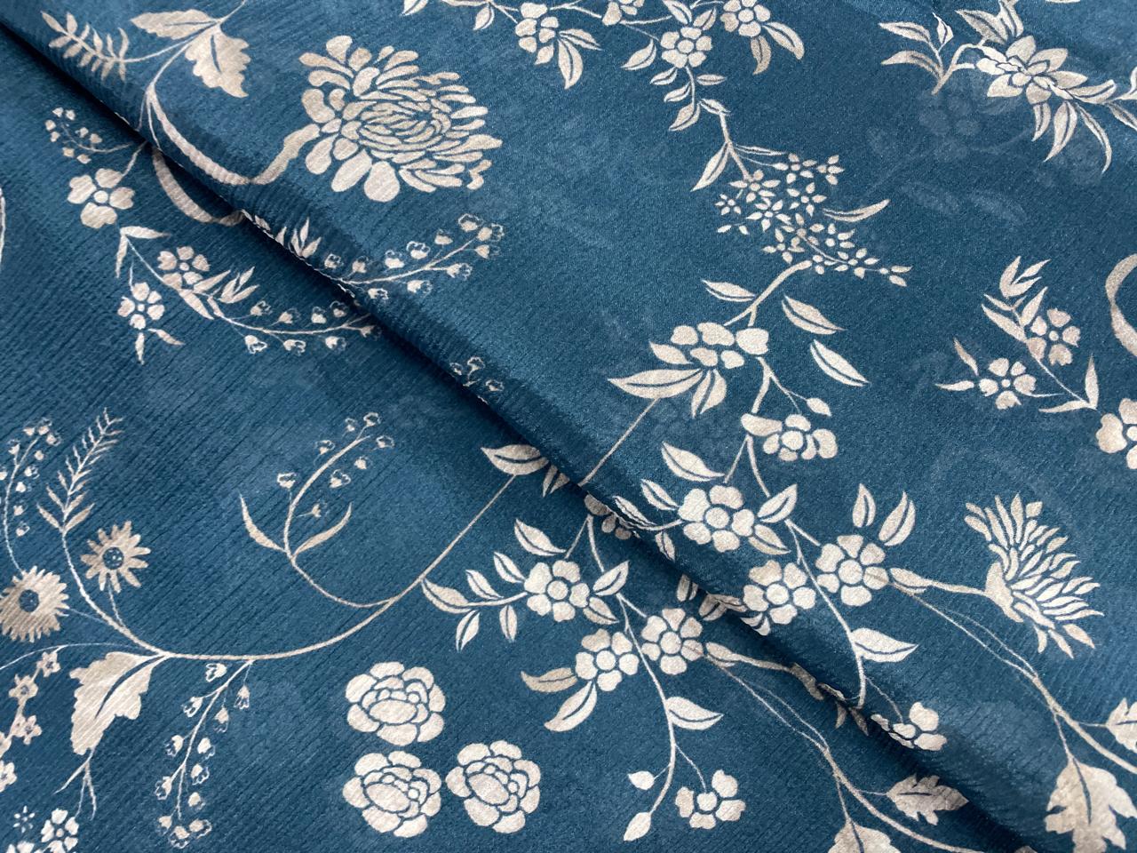 Teal Blue Floral Chiffon Fabric - Kapda Shop
