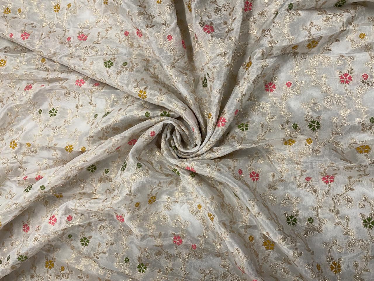 White Multicolor Floral Embroidered Chiffon Fabric - Kapda Shop
