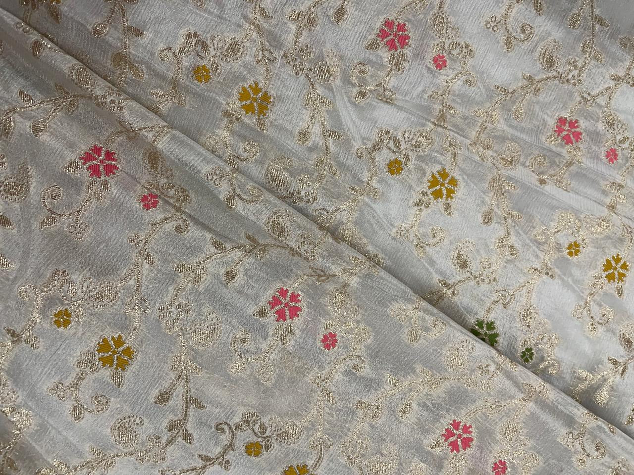 White Multicolor Floral Embroidered Chiffon Fabric - Kapda Shop