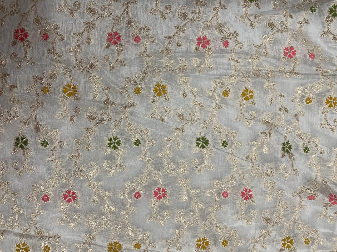White Multicolor Floral Embroidered Chiffon Fabric - Kapda Shop