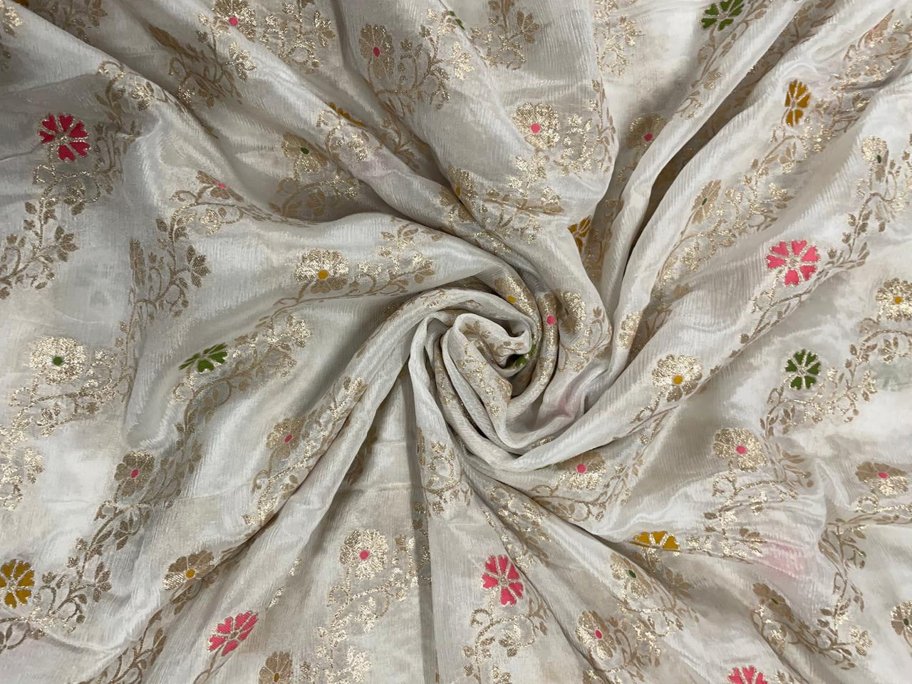 White Multicolor Floral Embroidered Chiffon Fabric - Kapda Shop