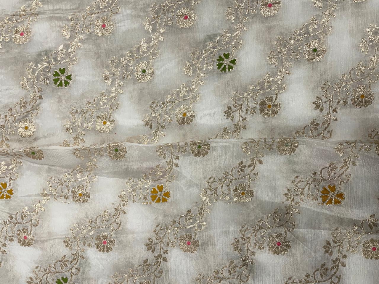 White Multicolor Floral Embroidered Chiffon Fabric - Kapda Shop