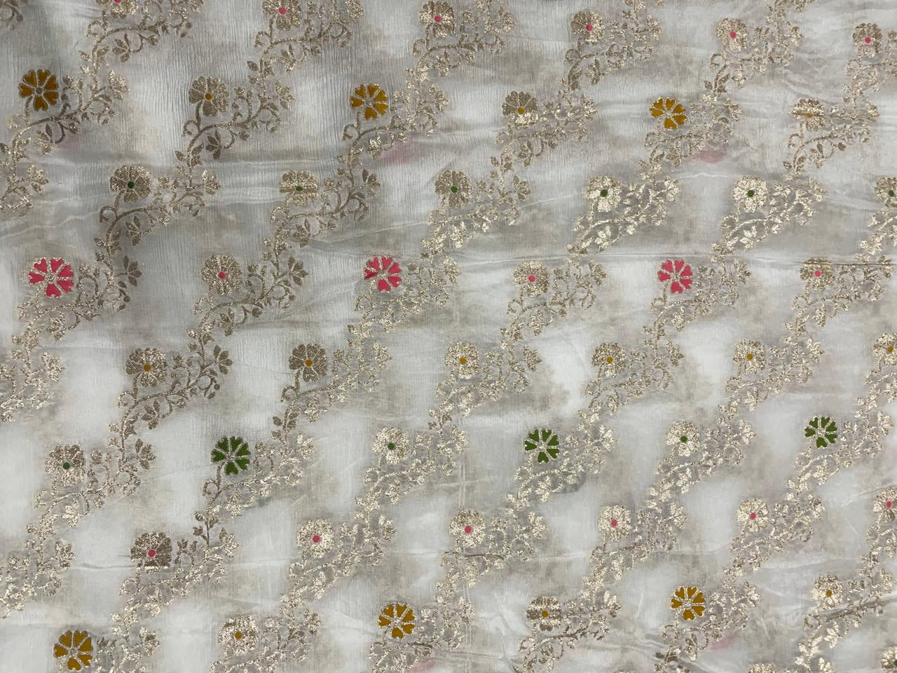 White Multicolor Floral Embroidered Chiffon Fabric - Kapda Shop