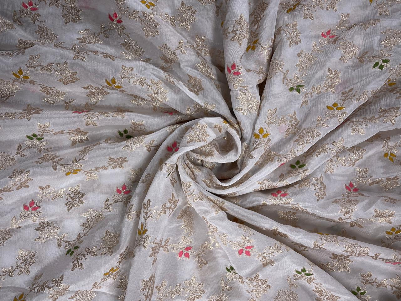 White Multicolor Floral Embroidered Chiffon Fabric - Kapda Shop