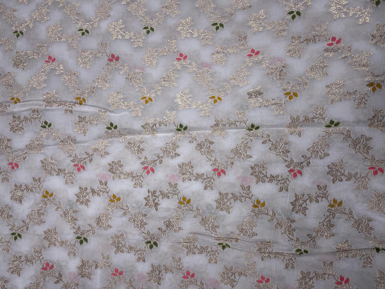 White Multicolor Floral Embroidered Chiffon Fabric - Kapda Shop