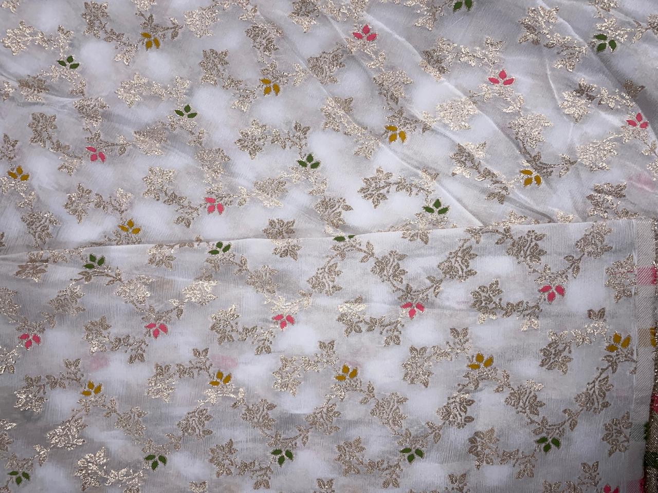 White Multicolor Floral Embroidered Chiffon Fabric - Kapda Shop