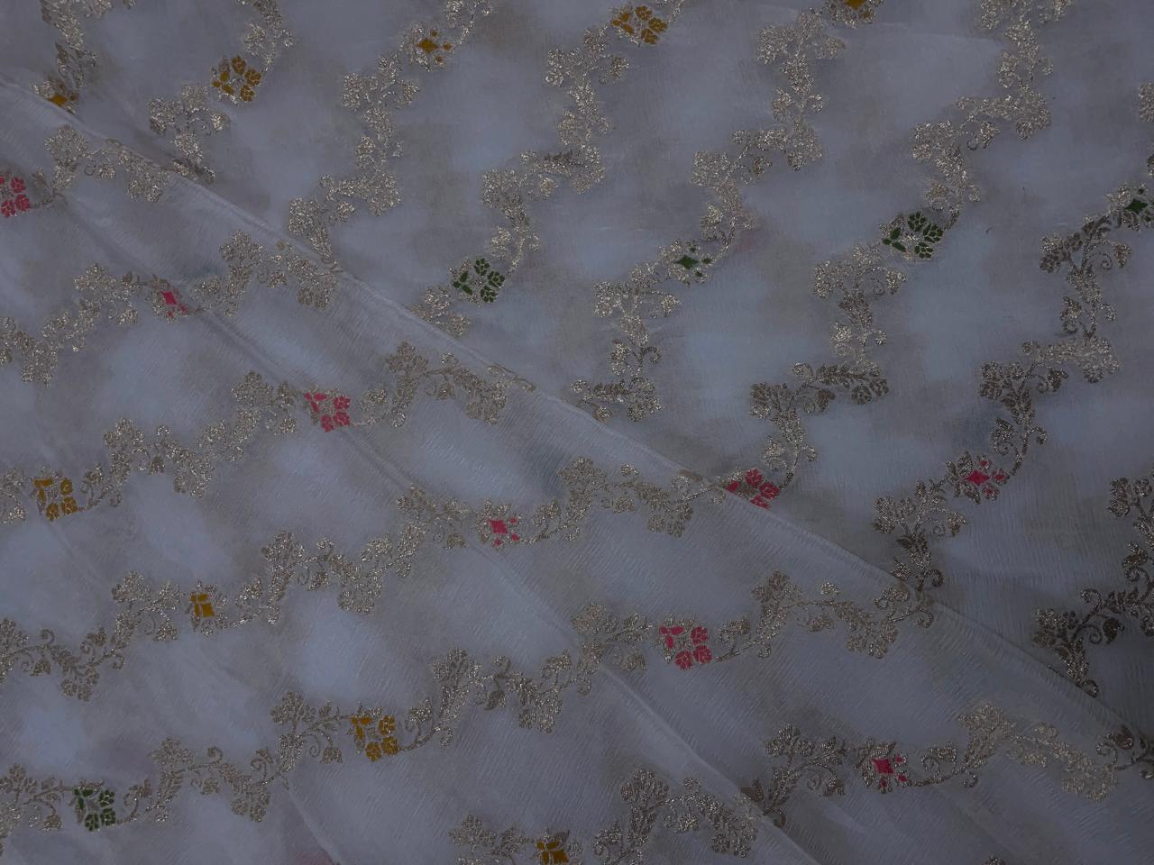 White Floral Embroidered Jacquard Chiffon Fabric - Kapda Shop