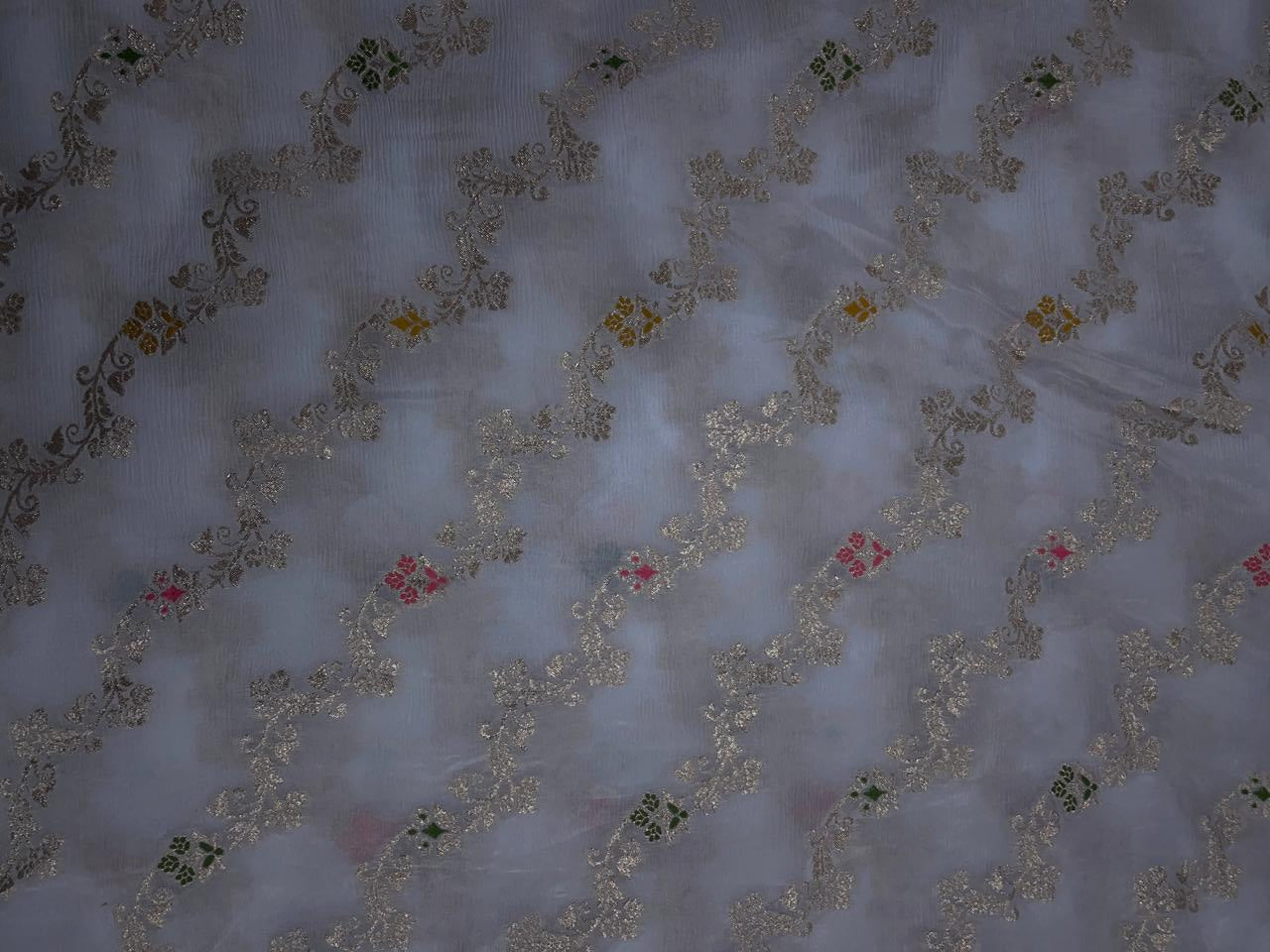 White Floral Embroidered Jacquard Chiffon Fabric - Kapda Shop