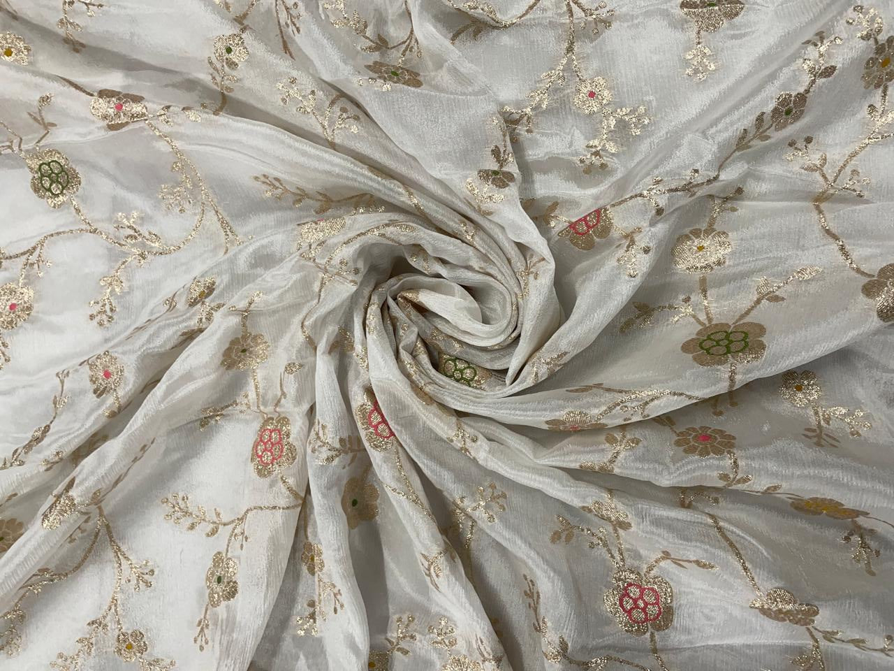 White Floral Embroidered Jacquard Chiffon Fabric - Kapda Shop