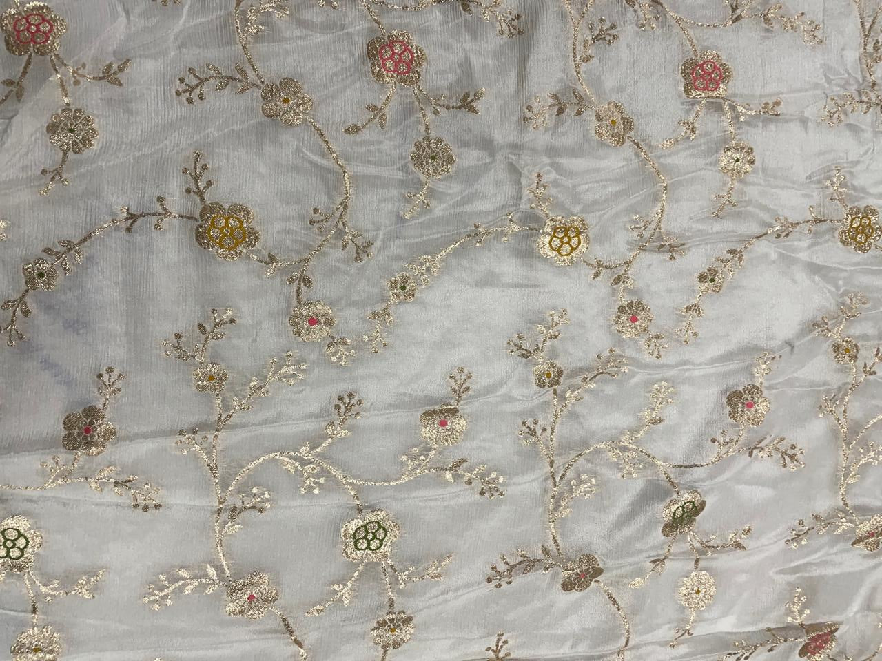 White Floral Embroidered Jacquard Chiffon Fabric - Kapda Shop