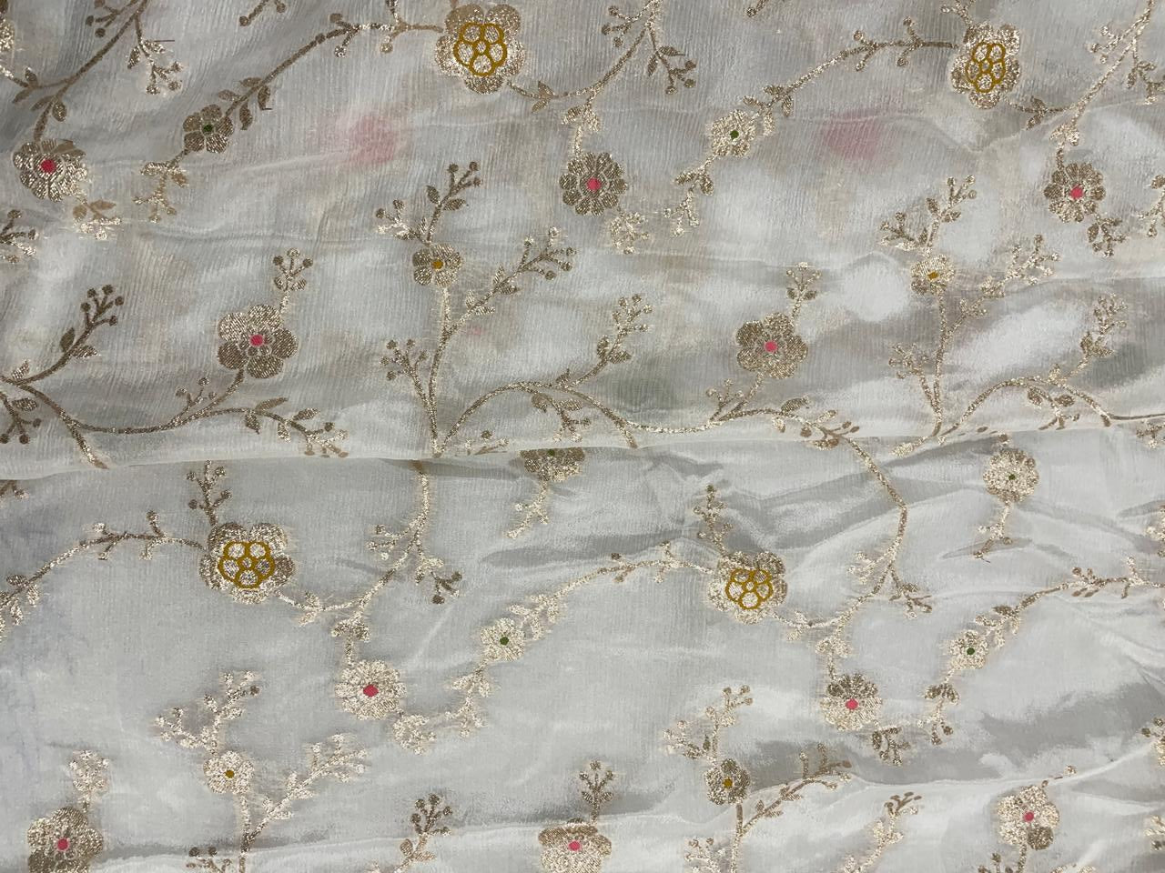 White Floral Embroidered Jacquard Chiffon Fabric - Kapda Shop