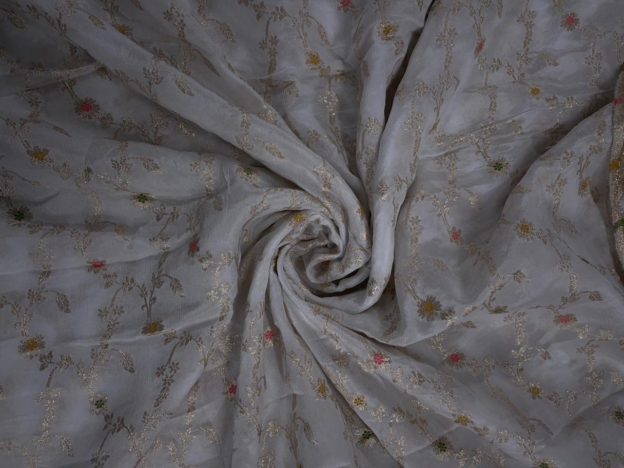 White Floral Embroidered Jacquard Chiffon Fabric - Kapda Shop