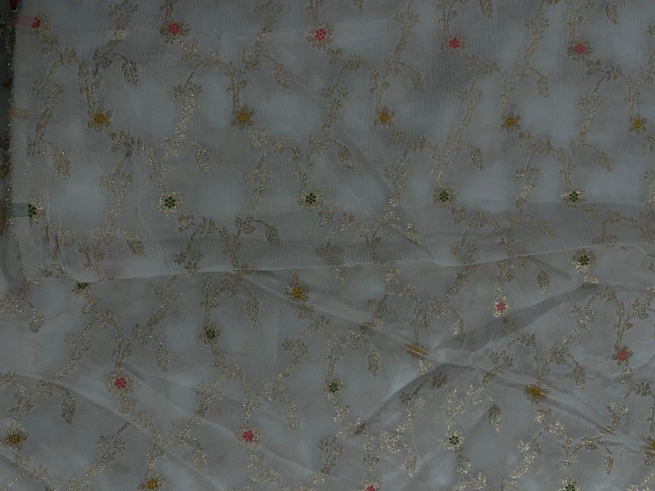 White Floral Embroidered Jacquard Chiffon Fabric - Kapda Shop