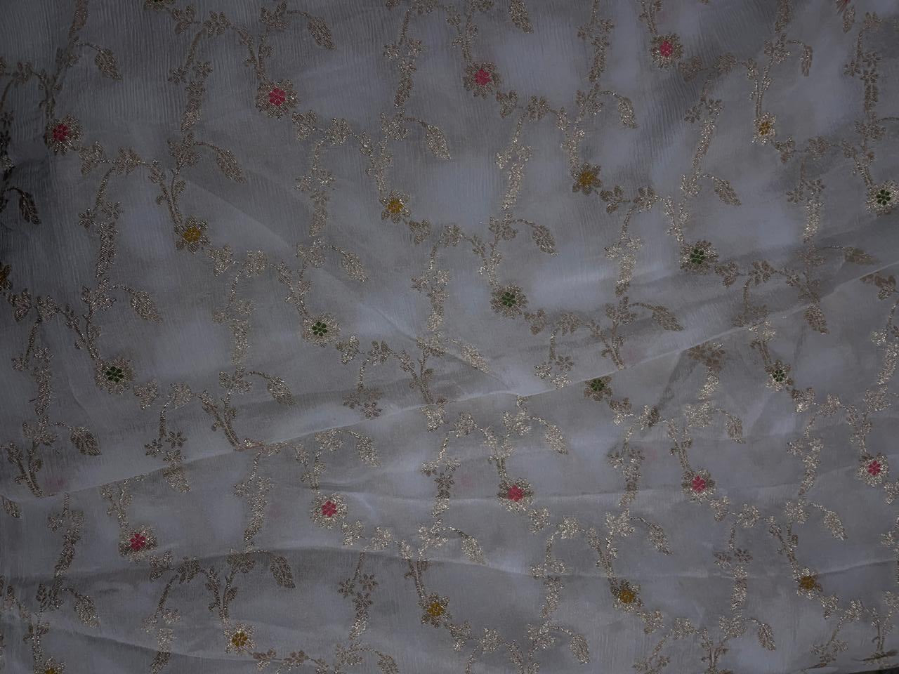 White Floral Embroidered Jacquard Chiffon Fabric - Kapda Shop