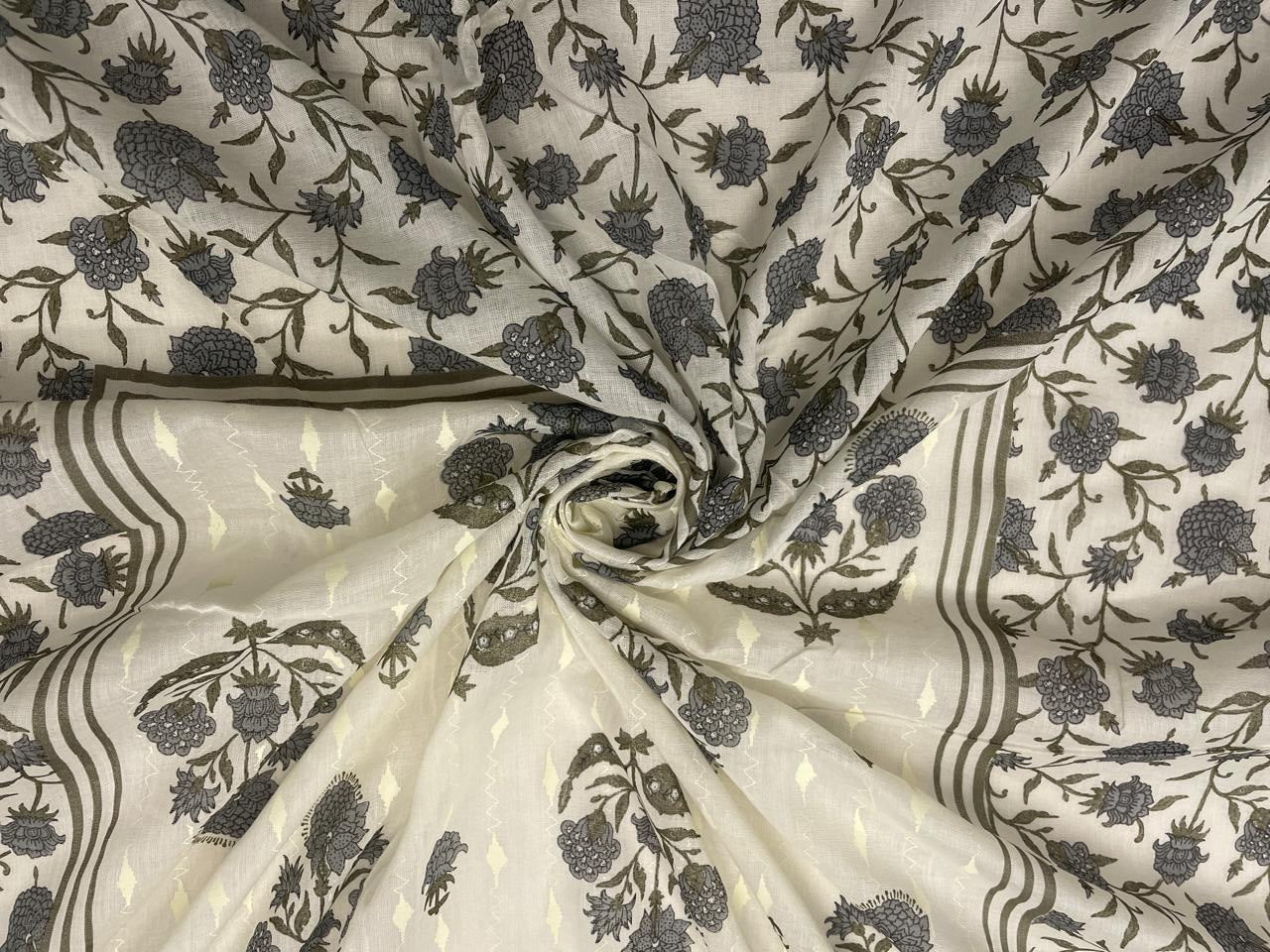 White & Grey Floral Cotton Dupatta - Kapda Shop