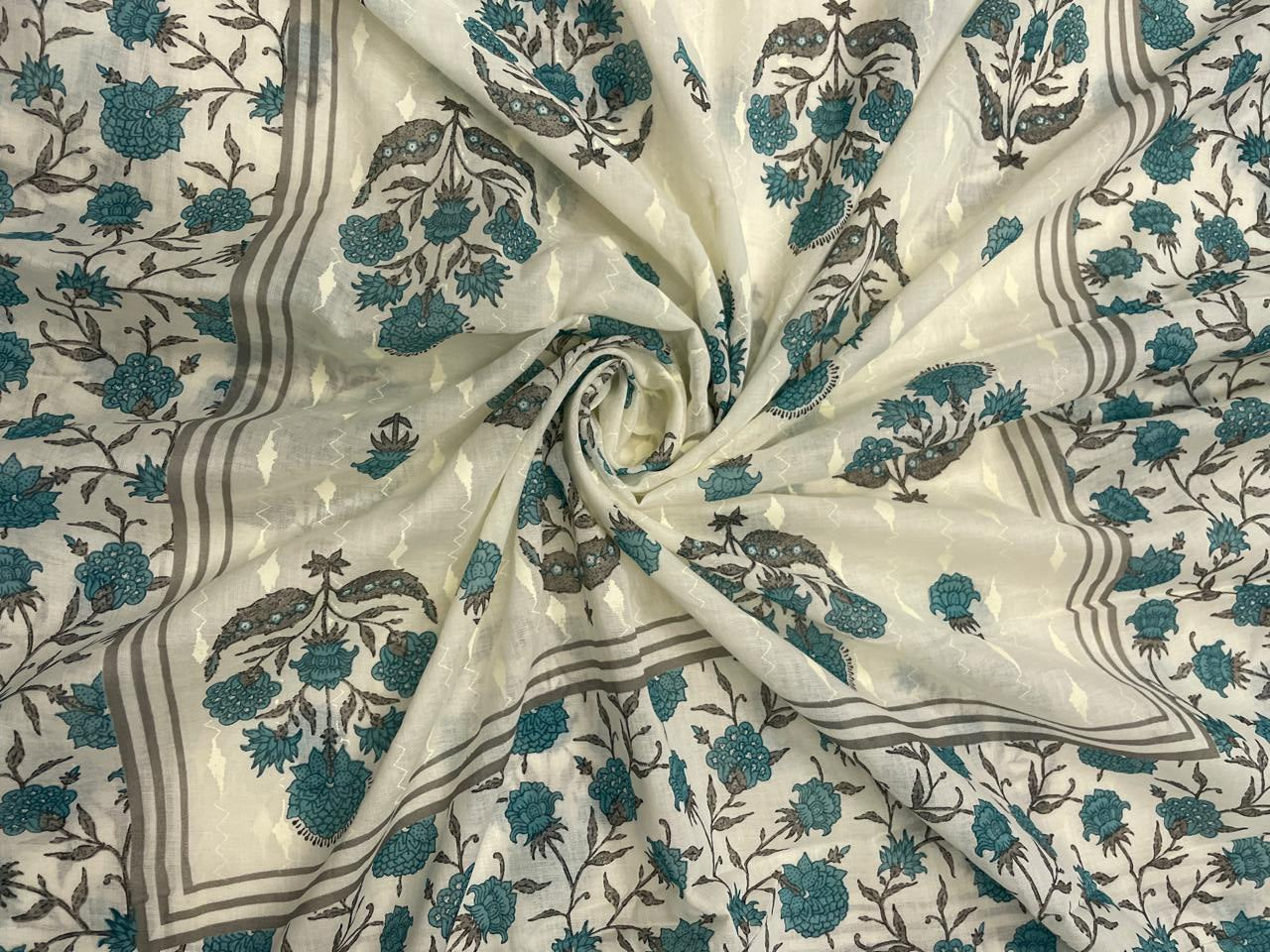 Sky Blue White Floral Cotton Dupatta - Kapda Shop