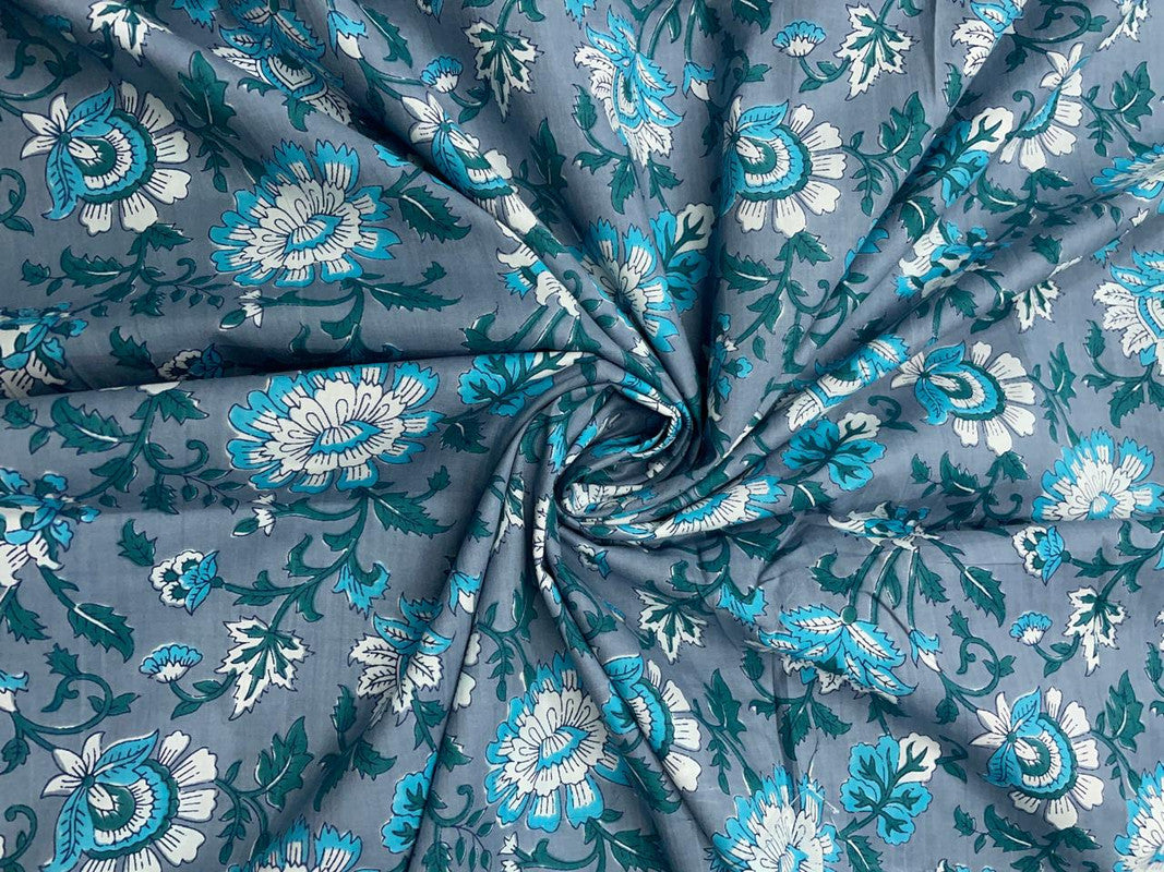 Grey Blue Floral Cotton Fabric - Kapda Shop