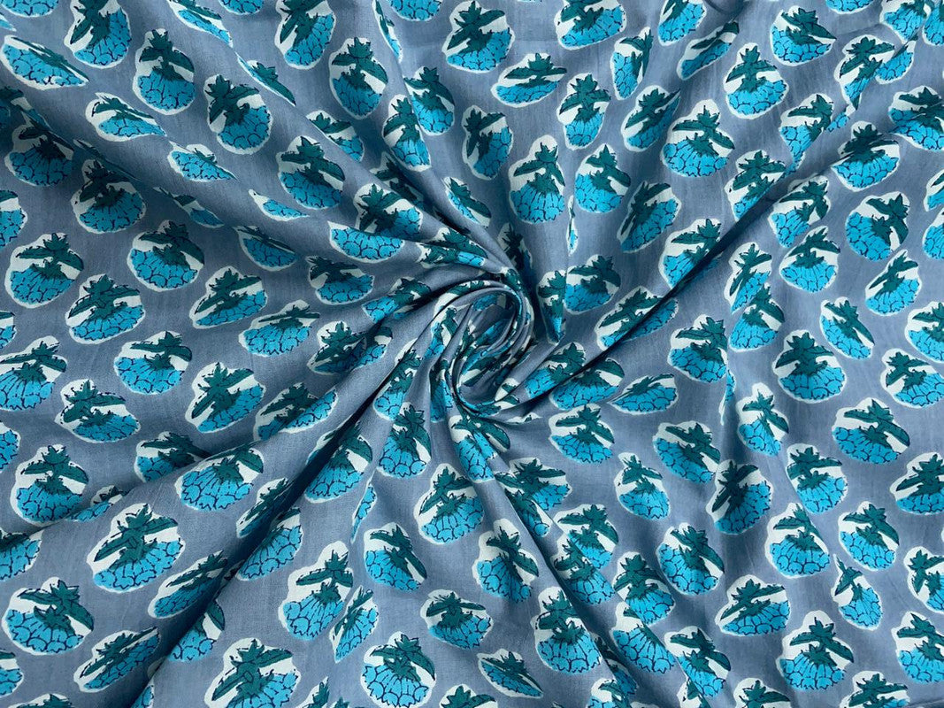 Grey Blue Floral Cotton Fabric - Kapda Shop