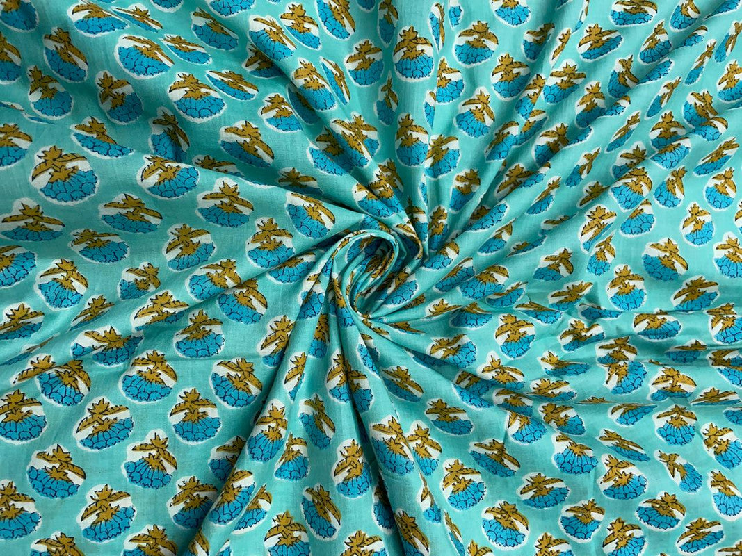Sea Blue Floral Cotton Cambric Fabric - Kapda Shop