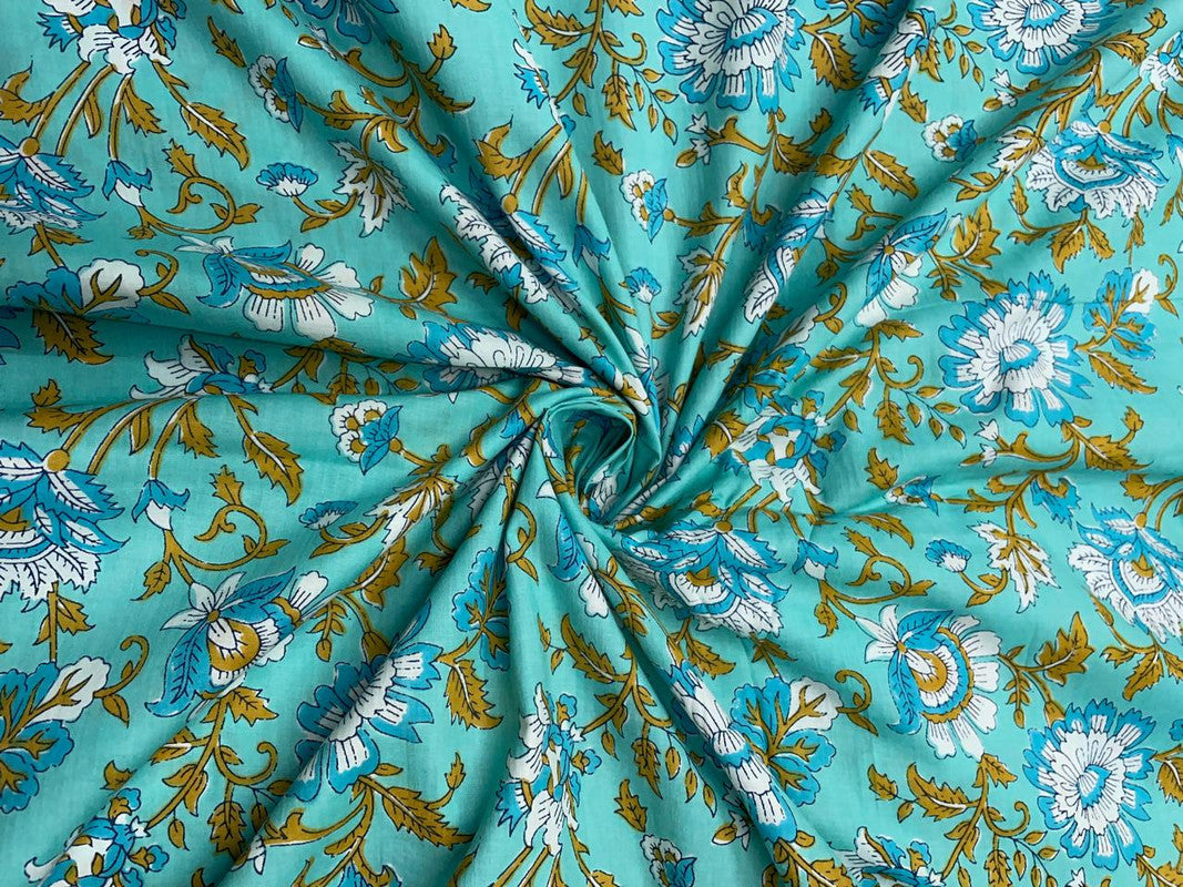 Sea Blue Floral Cotton Cambric Fabric - Kapda Shop
