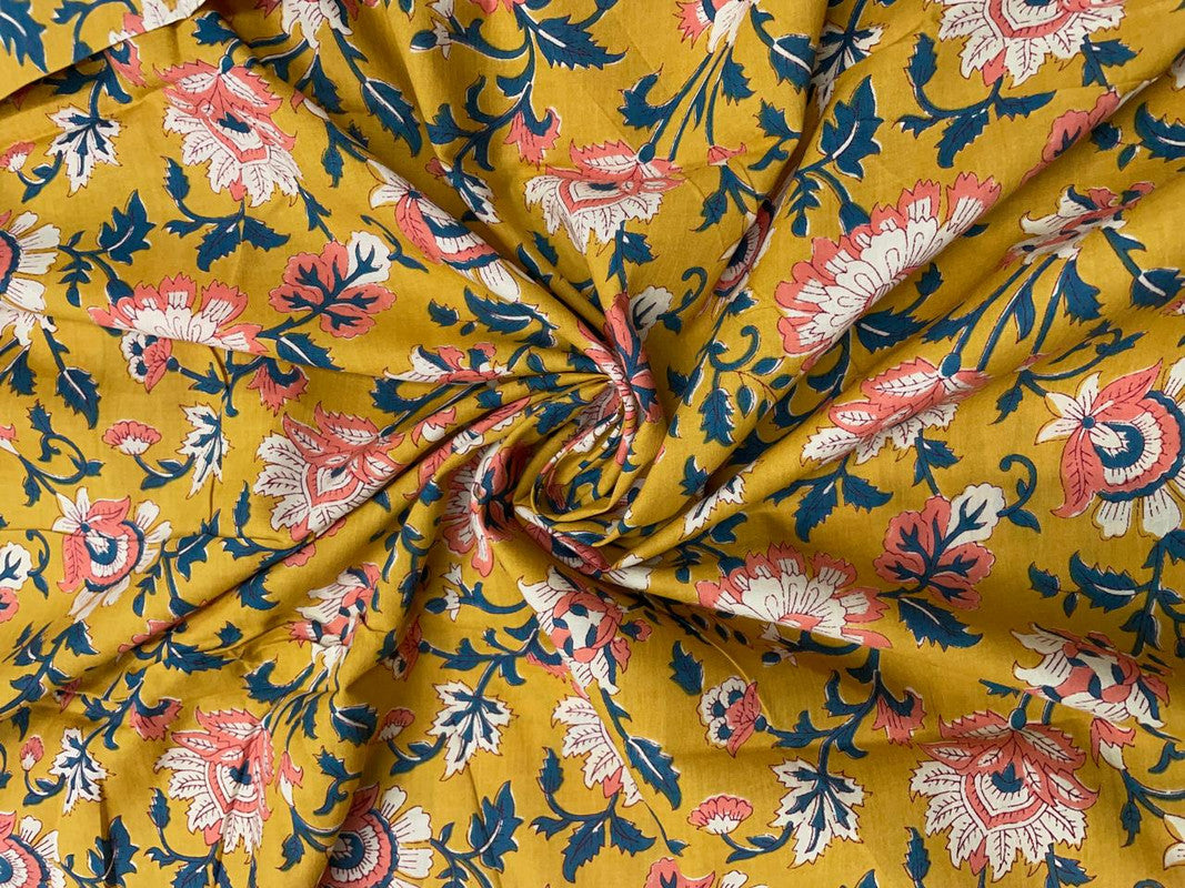 Yellow Floral Cotton Fabric - Kapda Shop