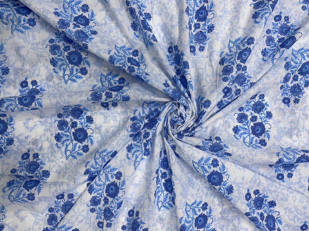 Light Blue White Floral Cotton Fabric - Kapda Shop