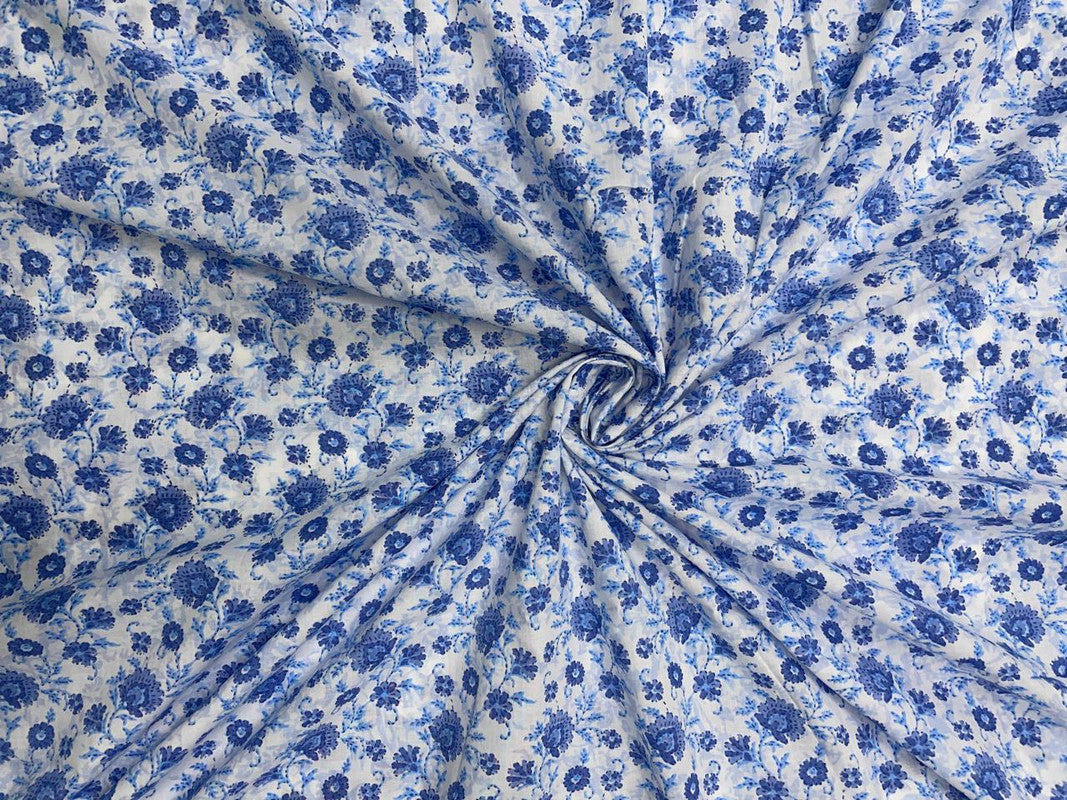 Light Blue White Floral Cotton Fabric - Kapda Shop