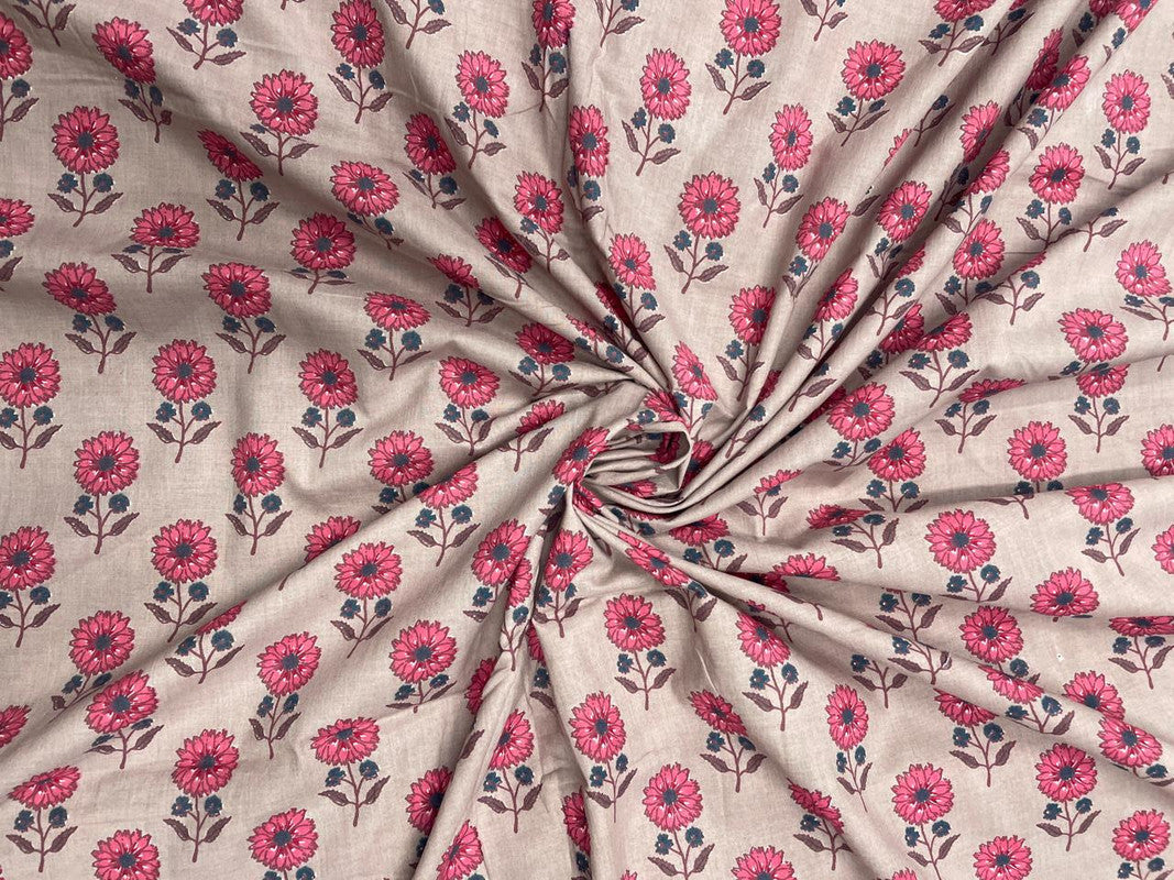 Beige & Red Floral Cotton Cambric Fabric - Kapda Shop