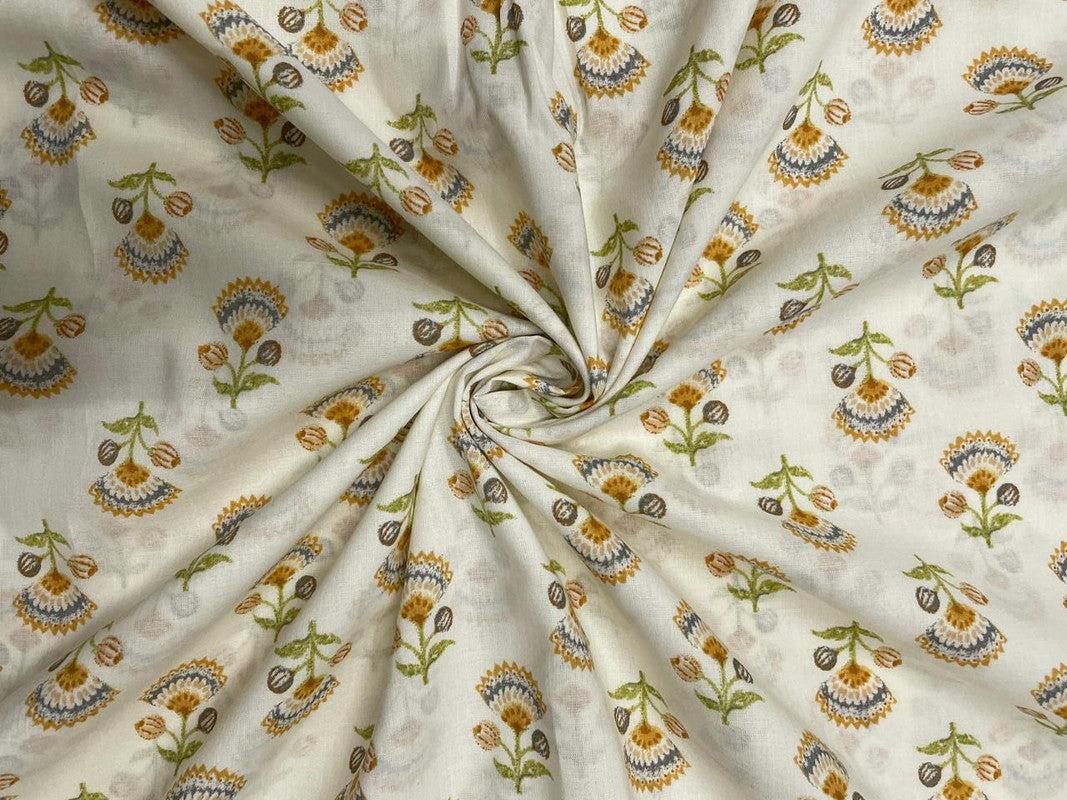Cream Yellow Floral Cotton Fabric - Kapda Shop