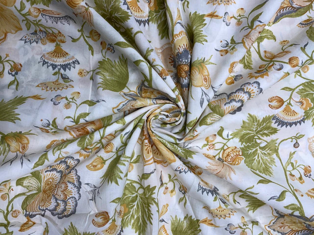 Cream Yellow Floral Cotton Fabric - Kapda Shop