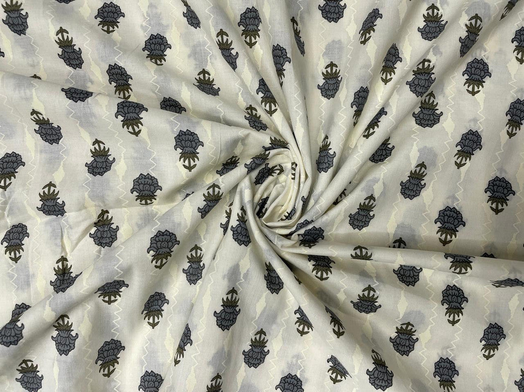 Grey & White Floral Cotton Fabric - Kapda Shop