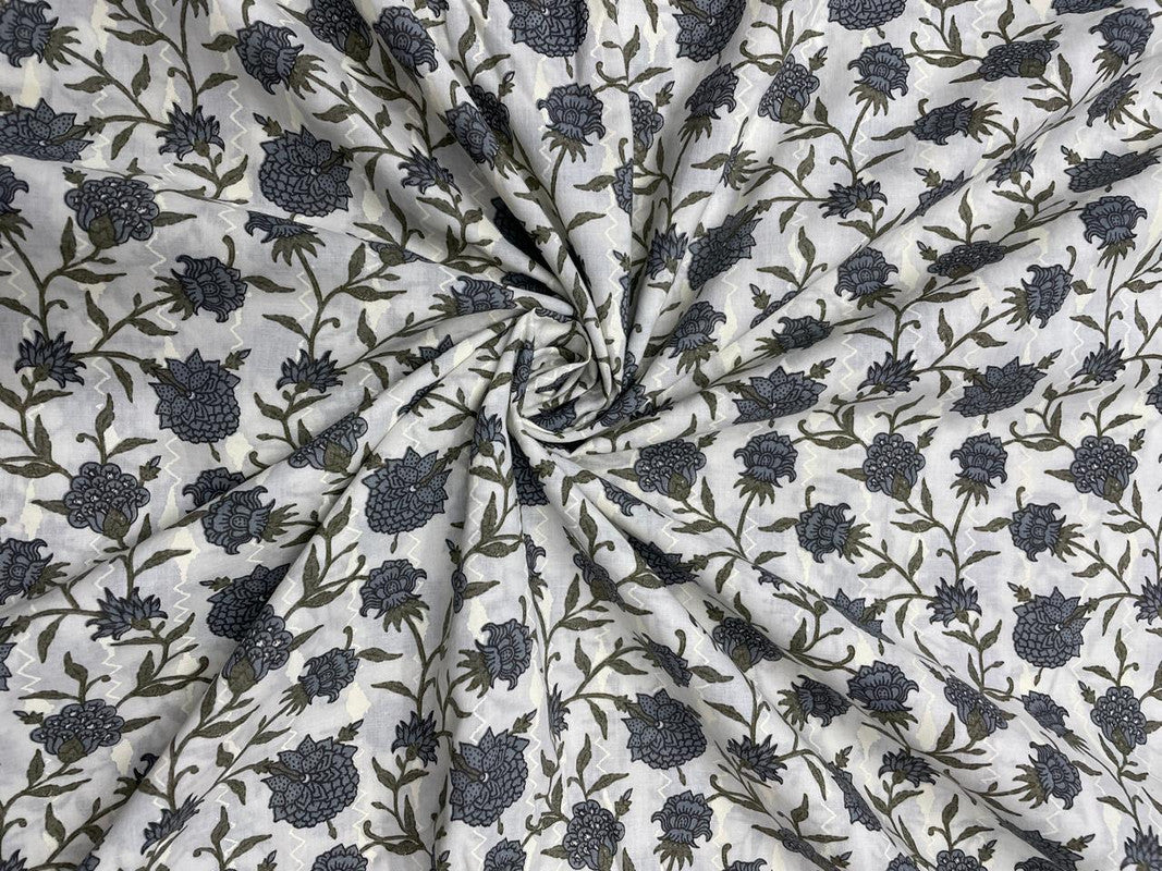 Grey & White Floral Cotton Fabric - Kapda Shop