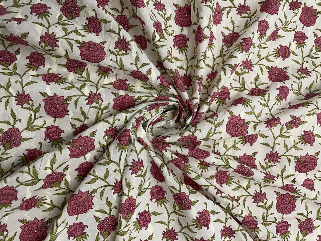 Onion Pink & White Floral Cotton Fabric - Kapda Shop