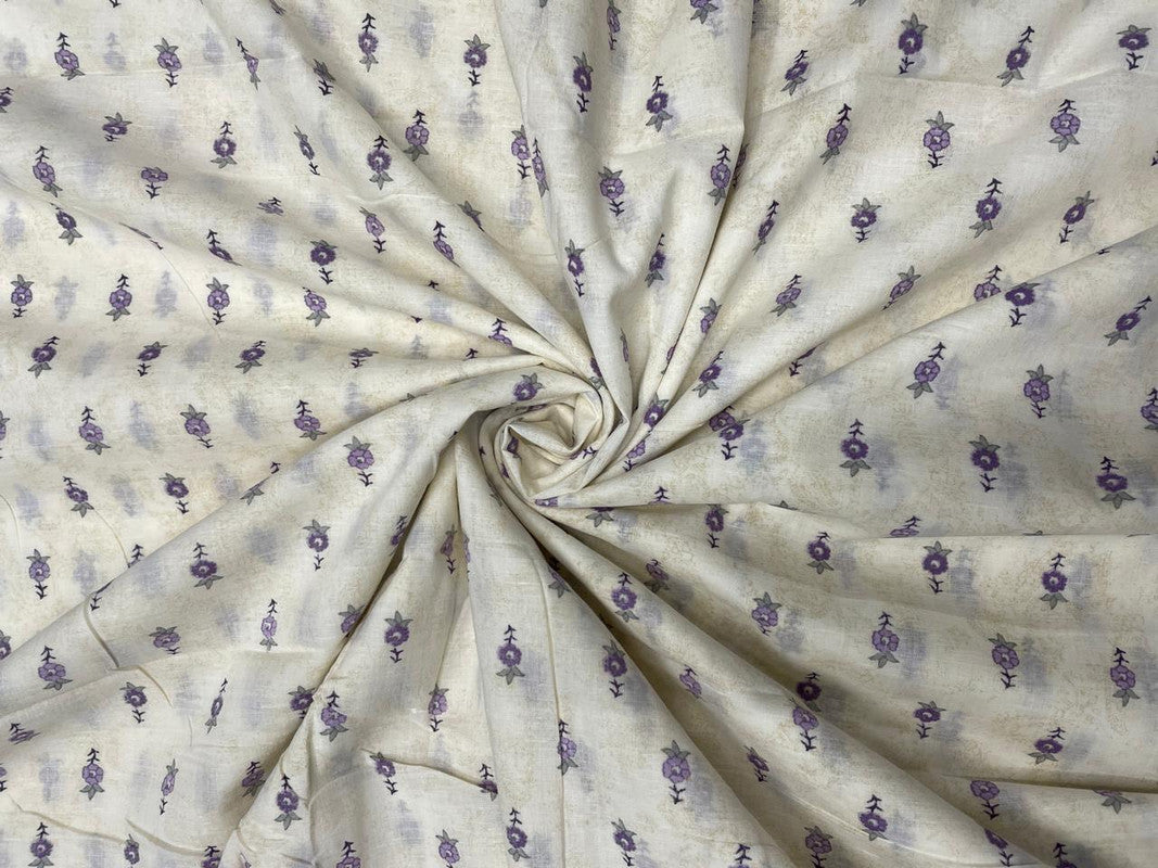 Cream Light & Purple Floral Cotton Fabric - Kapda Shop
