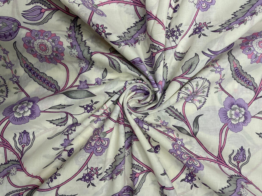 Cream & Light Purple Leaves Floral Cotton Fabric - Kapda Shop