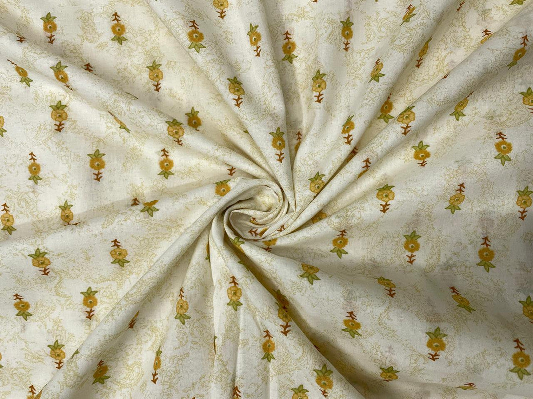 Cream & Light Yellow Floral Cotton Fabric - Kapda Shop