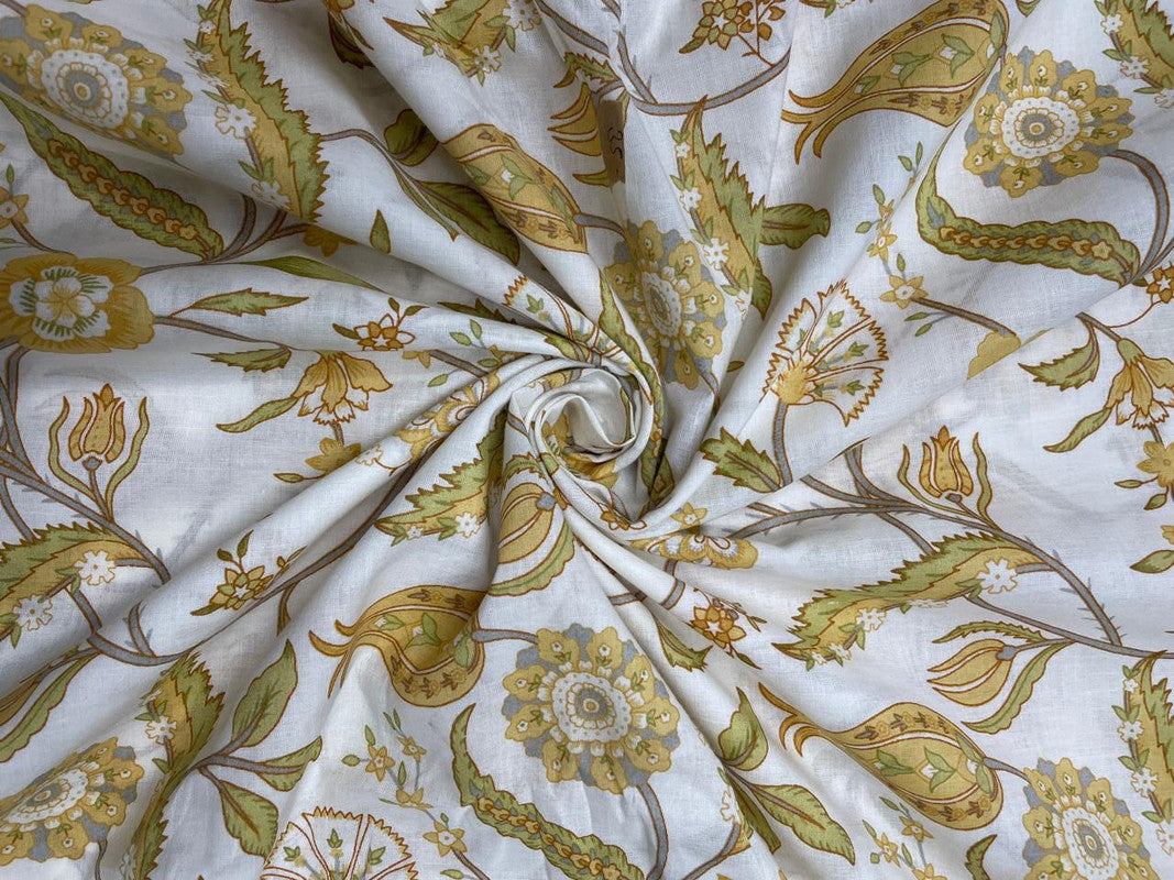 Cream & Light Yellow Leaves Floral Cotton Fabric - Kapda Shop