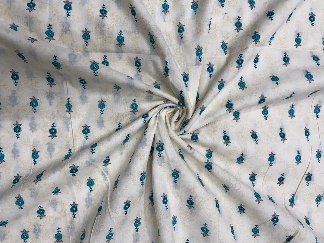 Cream & Rame Green Floral Cotton Fabric - Kapda Shop