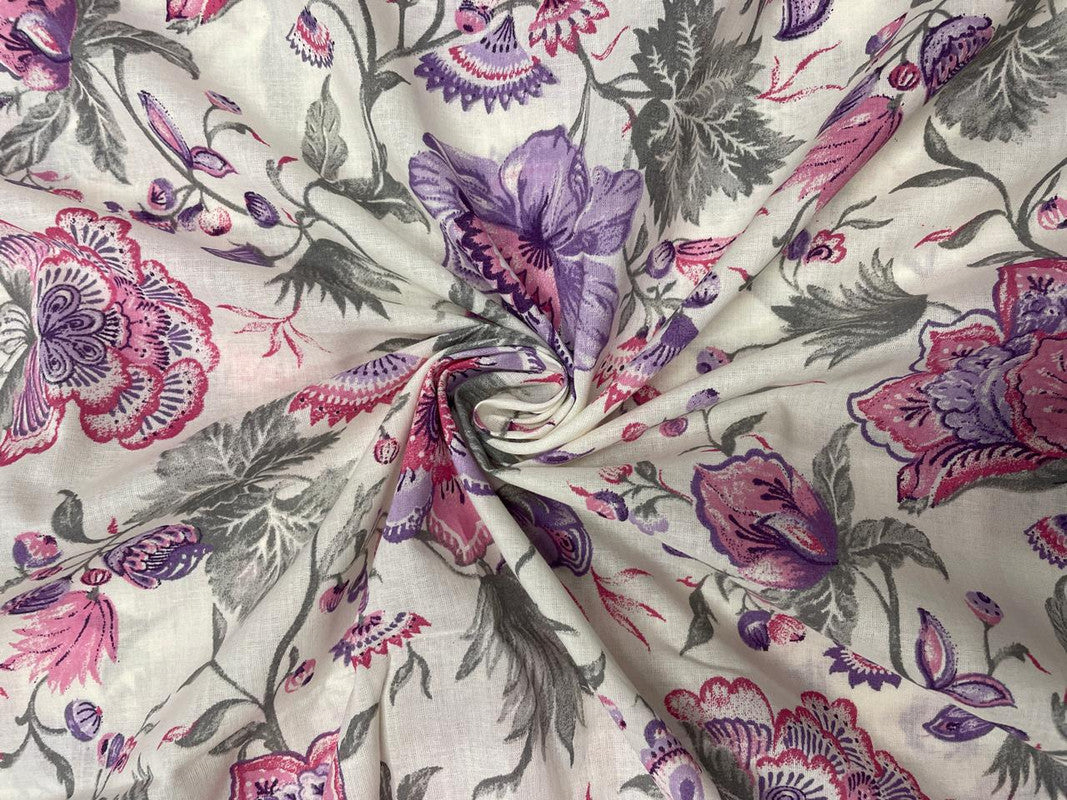 Cream & Light Purple Floral Cotton Fabric - Kapda Shop
