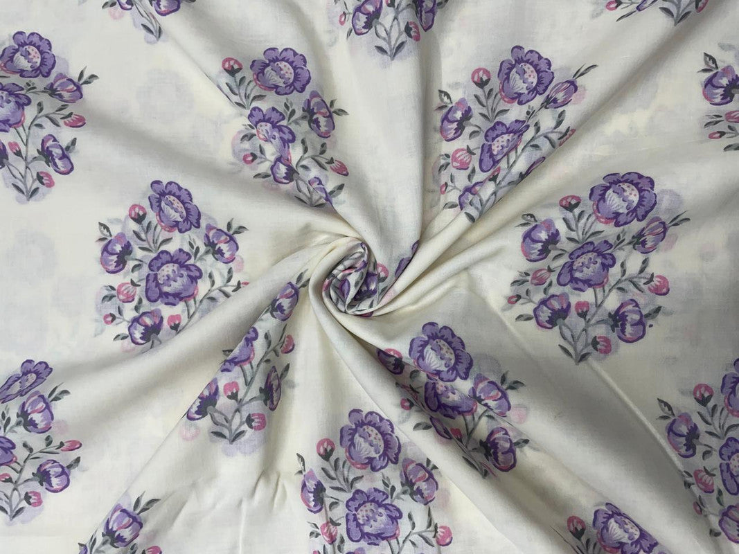 Cream & Light Purple Floral Cotton Fabric - Kapda Shop