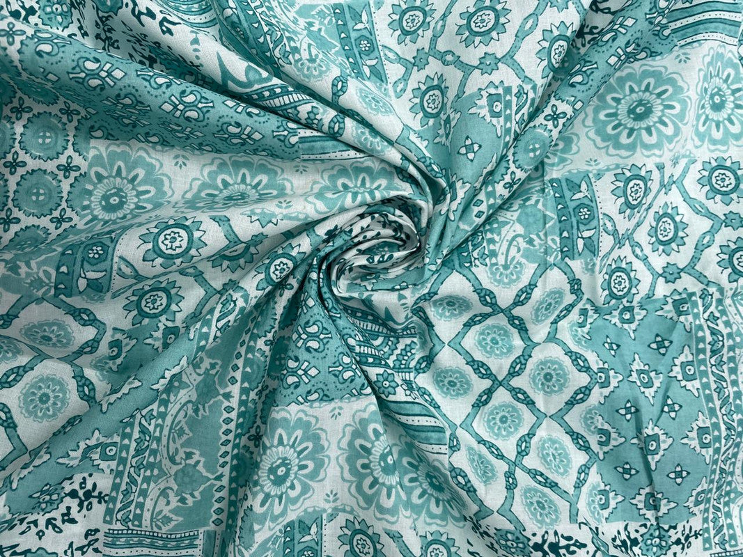 Sea Blue Geometric Cotton Cambric Fabric - Kapda Shop