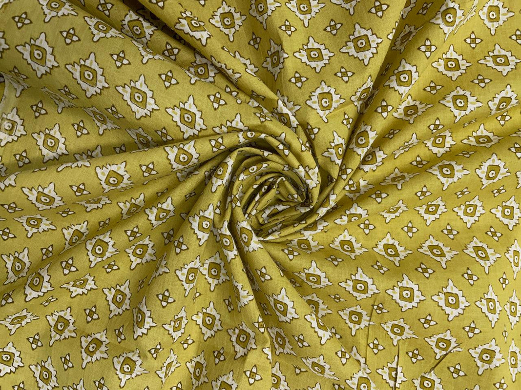 Olive Yellow Abstract Cotton Cambric Fabric - Kapda Shop