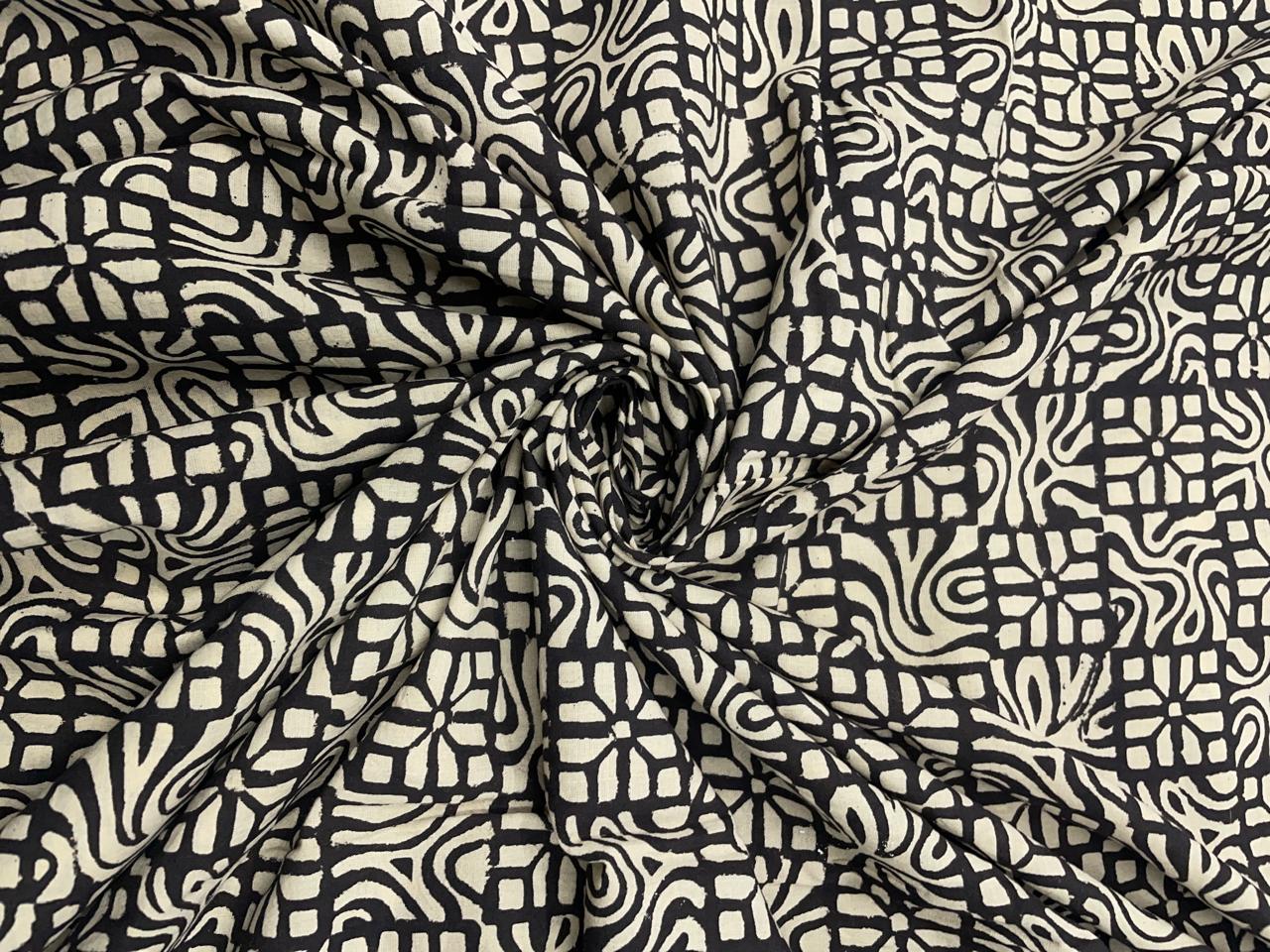 Black Geometric Cotton Cambric Dabu Fabric - Kapda Shop