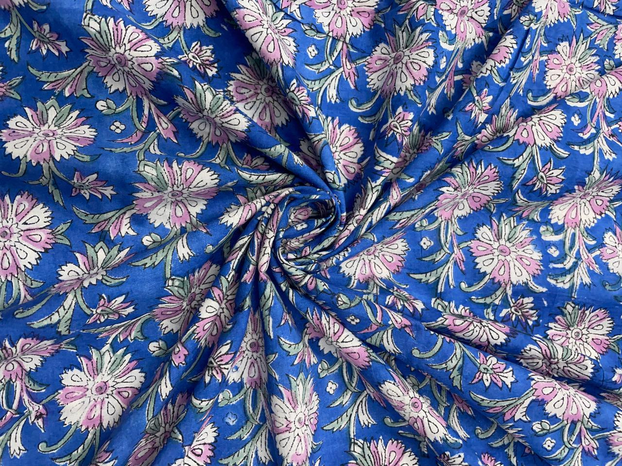 Blue Floral Cotton Cambric Rapid Fabric - Kapda Shop
