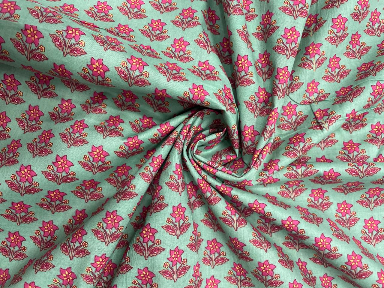 Sea Green Floral Cotton Cambric Fabric - Kapda Shop