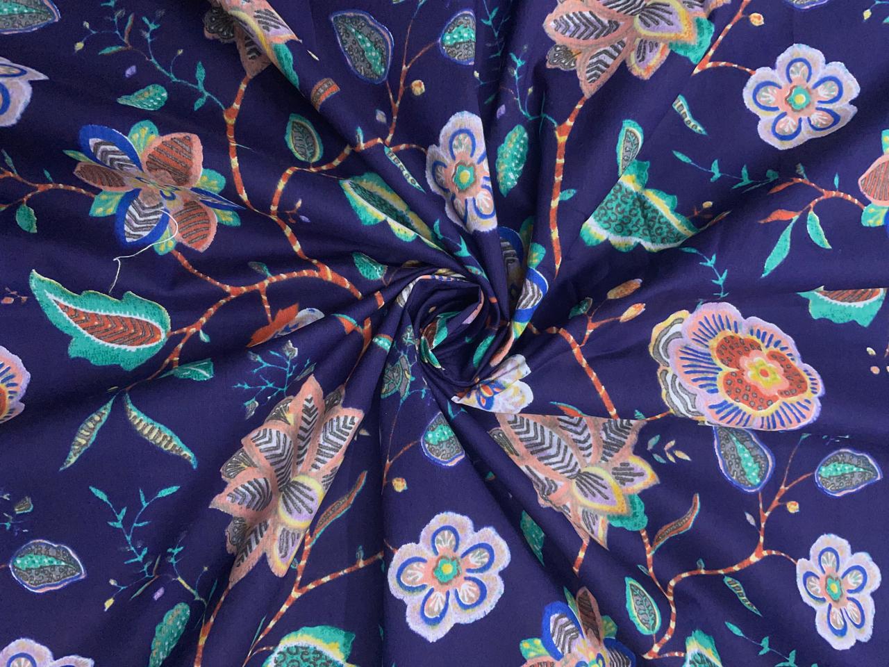 Navy Blue Floral Cotton Cambric Modal Fabric - Kapda Shop
