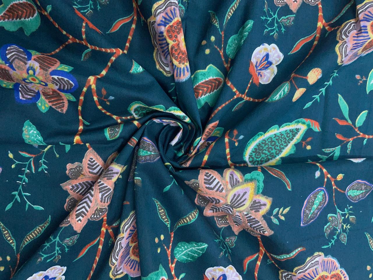 Rama Green Floral Cotton Cambric Modal Fabric - Kapda Shop